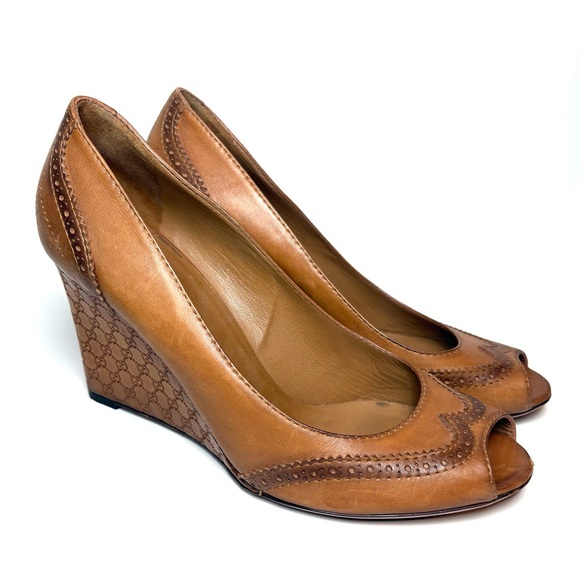 GUCCI Brogue Tan Leather Peep Toe Wedges | 41.5 - Picture 1 of 12